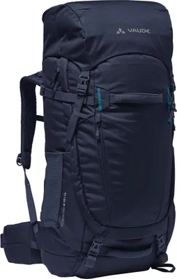 A navy blue VAUDE trekking backpack is shown against a white background.