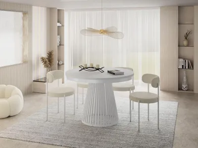 Produktbild von Esstisch Rund Ausziehbar mit Lamellen im Loft-Stil – 100 bis 180 cm – Industrieller Tisch mit Weißen Metallbeinen, Platzsparend für Wohnzimmer oder Esszimmer – Weiß