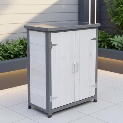 Produktbild von Gartenschrank Weiß/Grau Fichtenholz mit 2 Türen wetterfest & kompakt