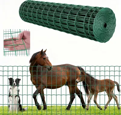 Obrázok produktu pre Záhradný plot - Plot z drôtenej siete - Rozmery 1,2 x 25 m - Hrúbka drôtu 2,1 mm - Pozinkovaný oceľový drôt - Vinylový povlak - Pre dobytok, ošípané a ovce - Odolný proti korózii - Zelený