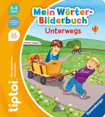 Children playing with a wagon and a bicycle in a park-like setting with a train in the background.