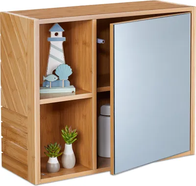Produktbild von Relaxdays Spiegelschrank, 2 offene Fächer, mit Spiegeltür, H x B x T: 45 x 54,5 x 20 cm, Badezimmer Hängeschrank, natur