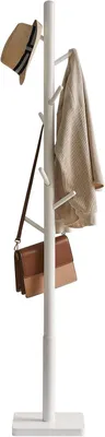 Productafbeelding van Kapstok 29 x 29 x 176 cm, wit, houten kapstok met 8 haken, voor hal, vrijstaande kledingstand