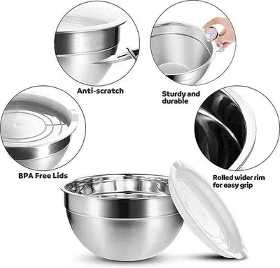Produktbild von Famanu Rührschüsseln Set aus 5 Edelstahl mit Deckeln - 1.45L, 1.8L, 2.5L, 3.2L, 4L