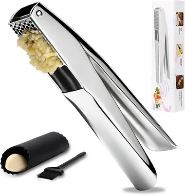Imagen del producto de Exprimidor de ajo de acero inoxidable 304, con pelador de ajo y cepillos de limpieza, resistente a la corrosión, duradero, ideal para