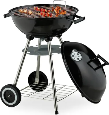 Image de Barbecue sphérique Relaxdays, Ø 44 cm, grille, barbecue sphérique avec cendrier, barbecue au charbon de bois à roulettes, barbecue, noir