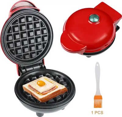 A red mini waffle maker is shown open with a sandwich inside, and another part of the waffle maker is shown closed. A silicone brush is also included.