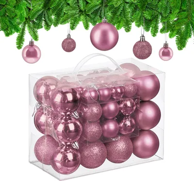 Produktbild von Relaxdays Weihnachtskugeln im 50er Set, Kunststoff, glitzernde, matte, glänzende Baumkugeln, Christbaumschmuck, rosa