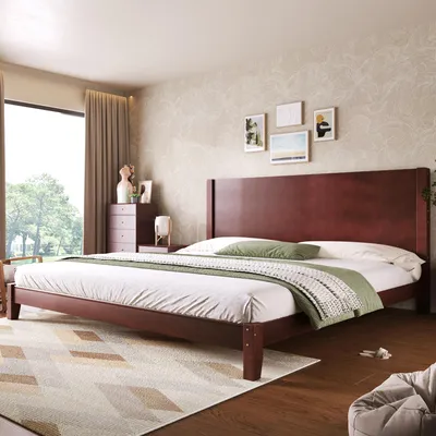 Obrázek produktu pro Postel s platformovým rámem, rozměry 180 x 200 cm, s čelem a rošt, 11 lamel z masivního dřeva, klasický design, barva hnědá, materiál: masivní dřevo a MDF
