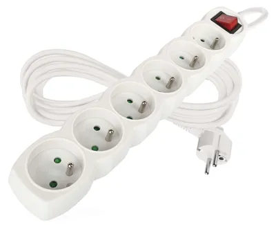Prodlužovací kabel 5 m / 6 zásuvek / s vypínačem / bílý / PVC / 1 mm2