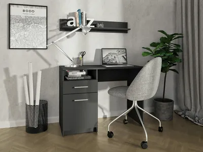 Produktbild von MATKAM Schreibtisch Bodo DSP H 75 x B 100 x T 50 cm, laminierte Möbelplatte, Schublade mit Metalllaufleiste auf Rollen, Ablage mit Tür (Schwarz)