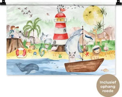 Produktbild von MuchoWow® Wandteppich Wandbehang Strand - Tiere - Kinder - Leuchtturm - Jungen 60x40 cm Tapisserie Dekoration Wandtuch - Wanddekorationen