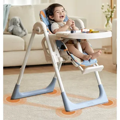Produktbild von Klappbarer Babyhochstuhl mit Esstablett und Sicherheitsgurt, faltbarer Kinderhochstuhl, Fütterstuhl für Babys und Kleinkinder Blau 55 x 74,5 x 104 cm