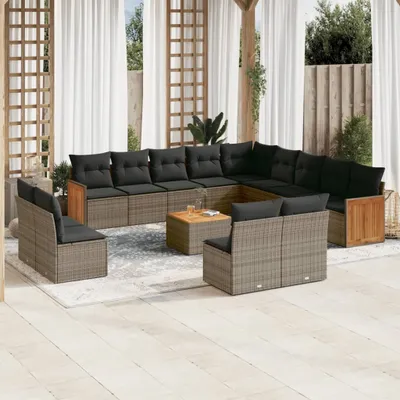 Produktbild von Design 14-tlg. Garten-Sofagarnitur mit Kissen Grau Poly Rattan, Gartenmöbel-Sets 2024 Neu