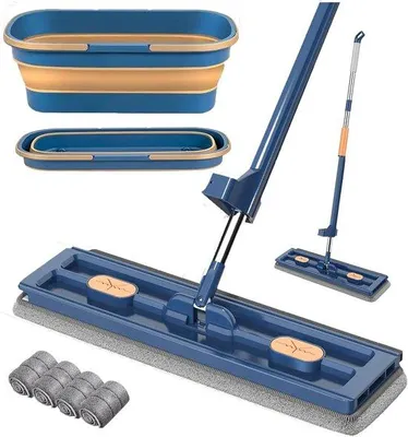 Immagine prodotto di Set di pulizia portatile con grandi dischi piatti e secchio - ruotabile a 360°, ideale per pavimenti in legno, parquet e piastrelle