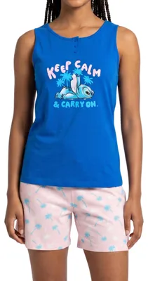 Immagine prodotto di Pigiama da donna Disney Stitch, composto da una maglietta in cotone e un paio di pantaloncini, set da due pezzi, ideale per