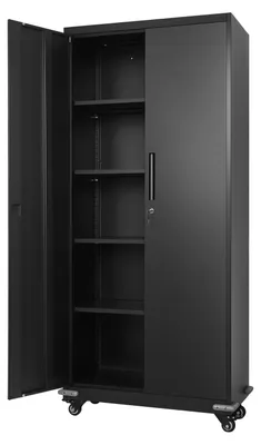 Image de Armoire de rangement métallique, chariot de rangement pour garage en acier avec roulettes, comprenant 4 étagères réglables, 2 portes magnétiques et 2 clés, ainsi que 5 niveaux de rangement verrouillables, idéal pour la cuisine, l'entrepôt, la cave, le bureau, de couleur noire