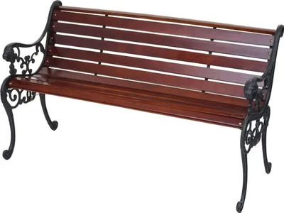 A brown wooden park bench with black cast iron legs and armrests, shown from a side-angle on a white background.