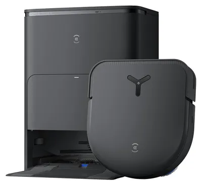 A robot vacuum cleaner and its charging/emptying station are shown against a white background.