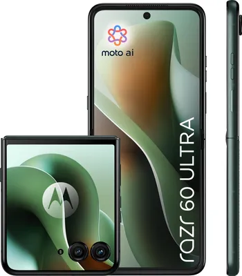 A Motorola razr 60 ultra foldable smartphone is shown in both its open and closed states, along with a side profile view.