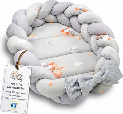 Produktbild von Babynest Neugeborene Nestchen Baby - Kuschelnest mit Zopf Kissen zerlegbares Set zweiseitig Babynestchen Babybett 75x45 cm Teddybären