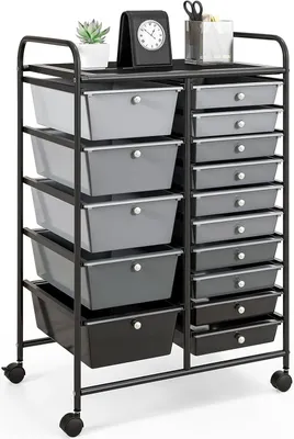 Produktbild von Rollwagen mit 15 stapelbare Schubladen, Aufbewahrungswagen Badrollwagen mit 4 Universalrädern, Haushaltswagen Metallgestell für Büro Küche Bad Wohnzimmer (Hellgrau+Schwarz)