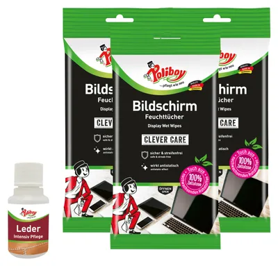 Produktbild von Poliboy Bildschirm Feuchttücher - 3x15 Tücher - ideal für Fernseher, Laptops, Tabletts und andere Displays - mit Leder Probe