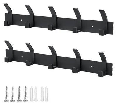 Produktbild von Wandgarderobenhaken, 2er-Set mit 5 Haken, Metallgarderobenhaken, Garderobenständer für Schlafzimmer, Badezimmer, Küche, Kleiderschrank, Wandgarderobe (schwarz)