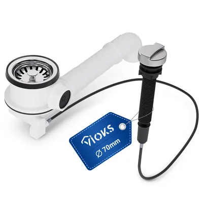 A white sink drain assembly with a silver cap and a blue tag.