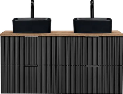 Produktbild von Doppelwaschtisch mit 2 schwarzen Aufsatzbecken, ADELAIDE-56-BLACK, matt schwarz mit Eiche Nb., Front gerillt, B/H/T ca. 120,6/73,2/46,5 cm