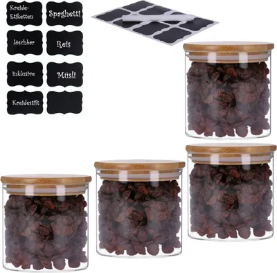 Produktbild von 4er Set Vorratsglas mit Bambusdeckel und 8 Kreidetafel- Sticker (4 x 500ml)