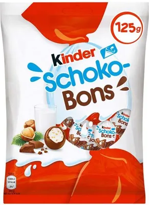 Produktbild von Ferrero Kinder Schoko-Bons, Chocolate snacks, 125 g, 2401 kJ, 576 kcal, 52,2 g, 8,3 g