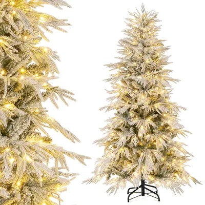 A flocked artificial Christmas tree with warm white LED lights, shown in two views: a close-up of the branches and the full tree on a stand.