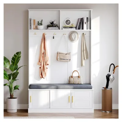 Produktbild von Garderoben Set für den Flur, Komplettprogramm mit Schuhschrank, Sitzbank und Wandgarderobe mit Kleiderhaken, Schlafzimmer Garderobenset (Weiß + Grau, 191x120x40cm)