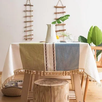 Produktbild von Unyqoos® Tischdecke aus Baumwoll‑Leinen (80% Baumwolle/20% Leinen) – wasserabweisend mit Lotus‑Effekt, Fransen‑Design, rutschfest, waschbar, 140×220 cm (T2)