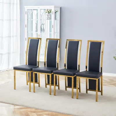 Produktbild von [4er-Set] Europäische Minimalistische Esszimmerstühle mit Goldkante. Schwarz Kunstleder + Goldglanz Metallrahmen, 109 cm hoch, für vielseitige Einsätze wie Esszimmer, Büro usw. Black+Gold