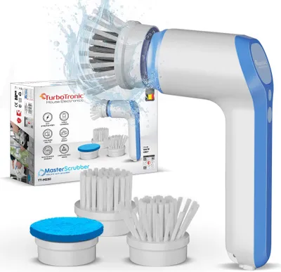 A product shot of an electric cleaning brush with its accessories and packaging.