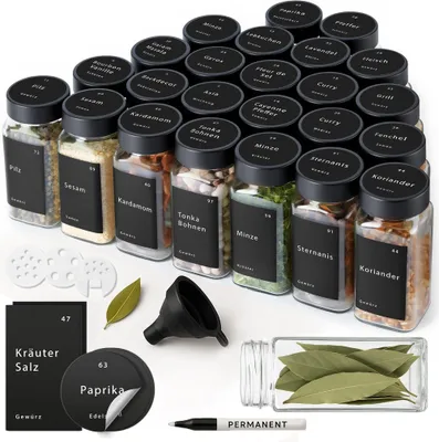 Immagine prodotto di Set di 24 vasetti per spezie con etichette e coperchi in bambù – vasetti da 120 ml con accessori