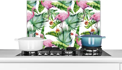 Produktbild von KitchenYeah®  Spritzschutz Küche - Küchenrückwand - Wandschutz für Herd und Spüle - Blätter - Flamingo - Blumen - Dschungel 60x40 - Alu-Dibond (Alternative zum Spritzschutz aus Glas) - Hitzebeständig