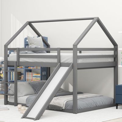 okwish dětská postel patrová postel 140x200, dětská patrová postel se skluzavkou a schody patrová postel postel z masivního borovicového dřeva bez matrace šedá