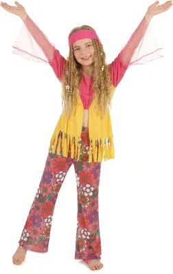 Produktbild von Hippie Kinderkostüm Flower Power Mädchen pink-gelb - 122/134 (7-9 Jahre)