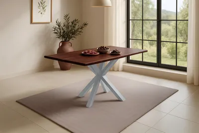 Produktbild von Refurbished Möbelretoure Esstisch Baumkante massiv Akazie kastaniefarben 120 x 80 cm Spider-Gestell silber ROXANA