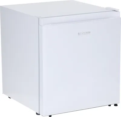 A white mini refrigerator is shown from a slightly elevated side angle.