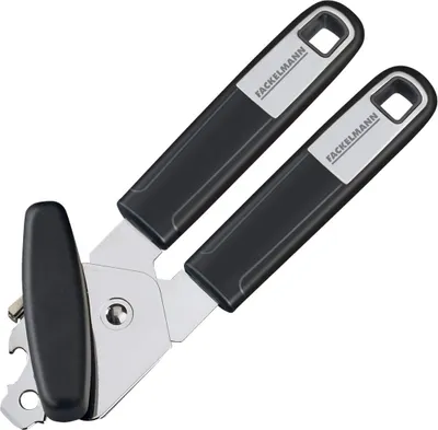 Produktbild von Fackelmann Dosenöffner 20 cm SENSE mit rutschfestem und ergonomischem Soft-Touch-Griff, inklusive Kapselheber, Dosenlocher und Flaschenöffner (Farbe: Silber/Schwarz)