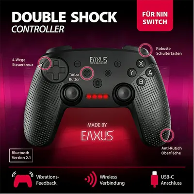 Immagine prodotto di Controller wireless Eaxus® per Nintendo Switch / Gamepad con vibrazione, Bluetooth e pulsante TURBO. Vibrazione Pro, finiture di alta qualità, impugnatura gommata e cavo di ricarica USB-C incluso