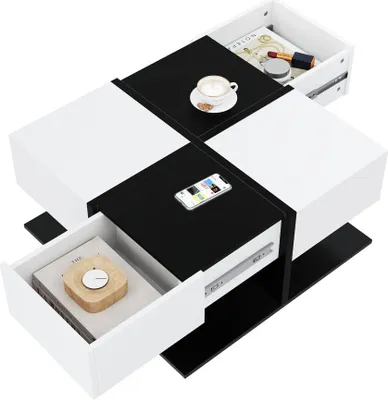 Immagine prodotto di AIORBER Tavolino moderno lucido in bianco e nero - Tavolino da salotto quadrato (70×70×35,5 cm) con 2 cassetti e spazio di archiviazione
