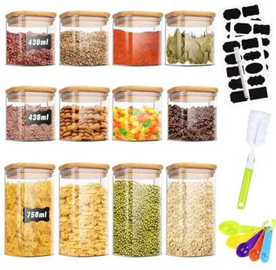 Immagine prodotto di Contenitori quadrati in vetro per erbe aromatiche, riso, farina e cibo per animali domestici - 12 pezzi - Cucina