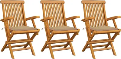 Produktbild von Gartenstühle mit Beige Kissen 3 Stk. Massivholz Teak