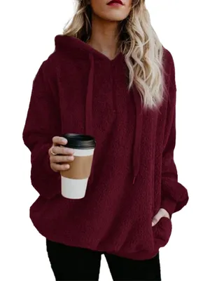 Produktbild von Frauen Casual Hoodie Pullover Langarm Teddybär Kapuze Fluffy Fleece Sweater,FarbeRotwein,Größe3XL