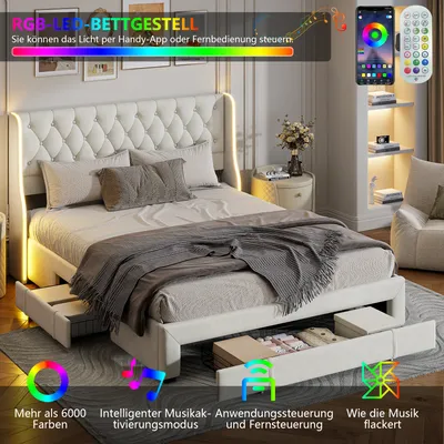 Productafbeelding van Boxspringbed 160x200 cm, tweepersoonsbed met 3 lades, LED-verlichting, bedframe, fluweel, beige